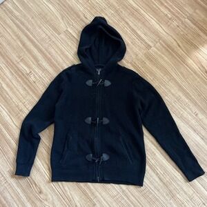 Twenty One Men 2010s Black Ribbed Knit Toggle Hoodie Cardigan Heavyweight Large